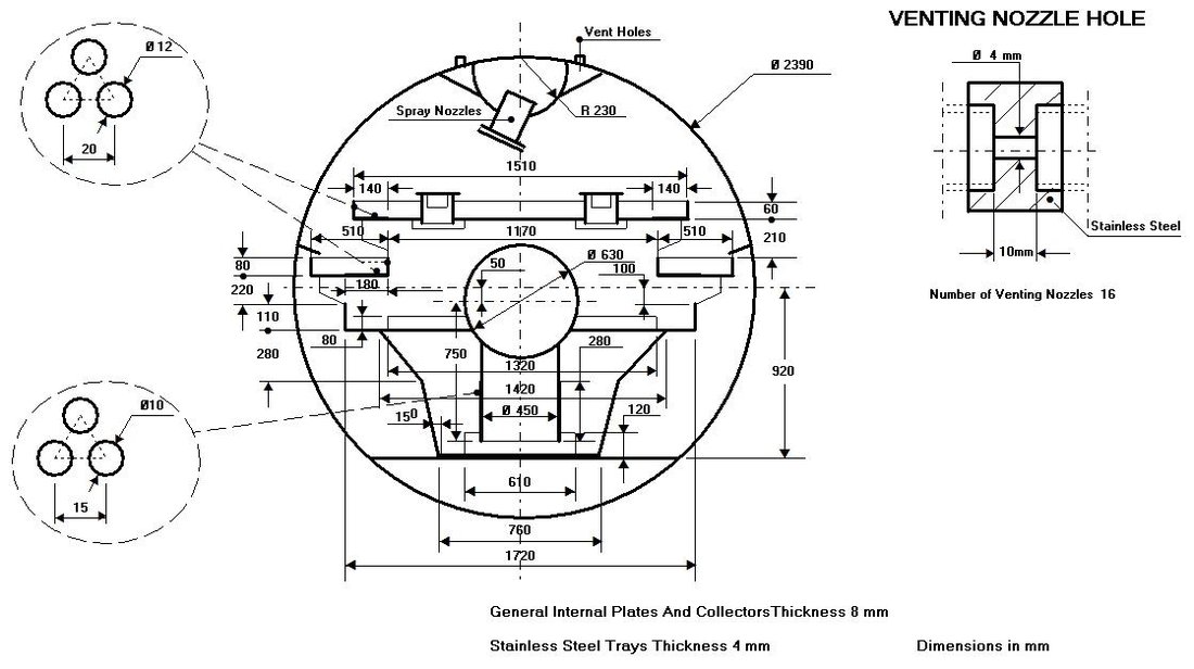 Horizontal deaerator cross section showing spray nozzles, stainless steel trays and venting nozzle detail