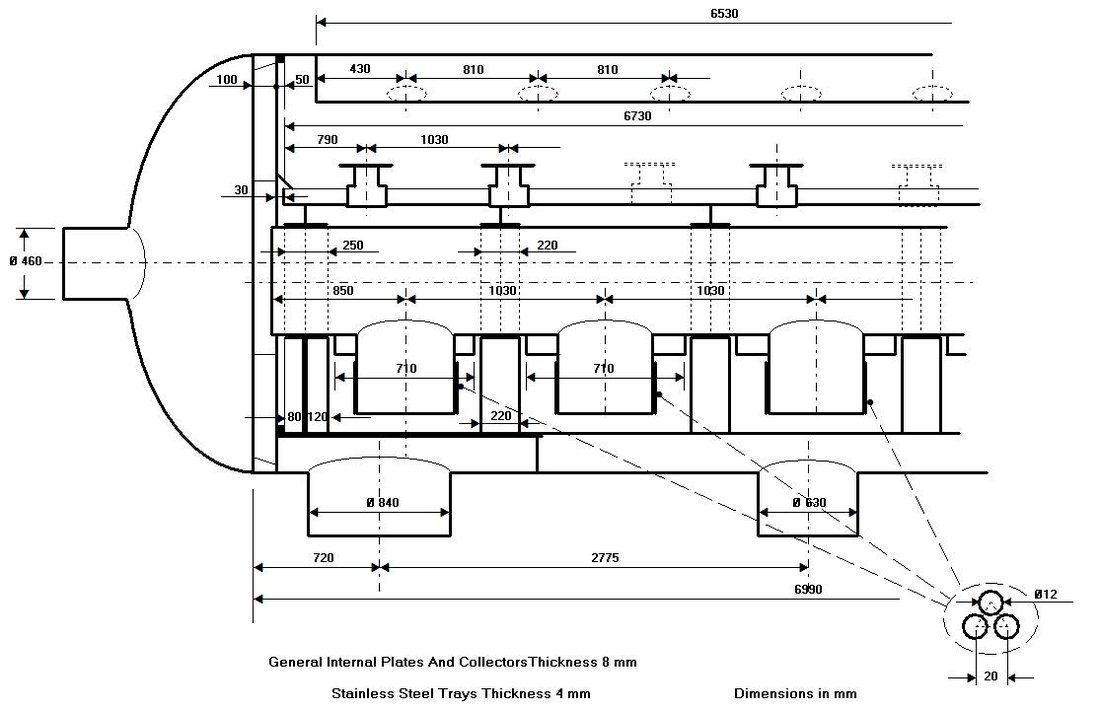Horizontal deaerator longitudinal section with trays and steam inlet