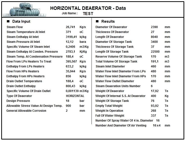 Horizontal deaerator data and results - deaerator and storage tank diameter, thickness, length, nozzles and weights