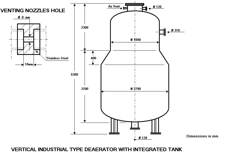 Vertical industrial type deaerator with integrated tank - dimensional drawing