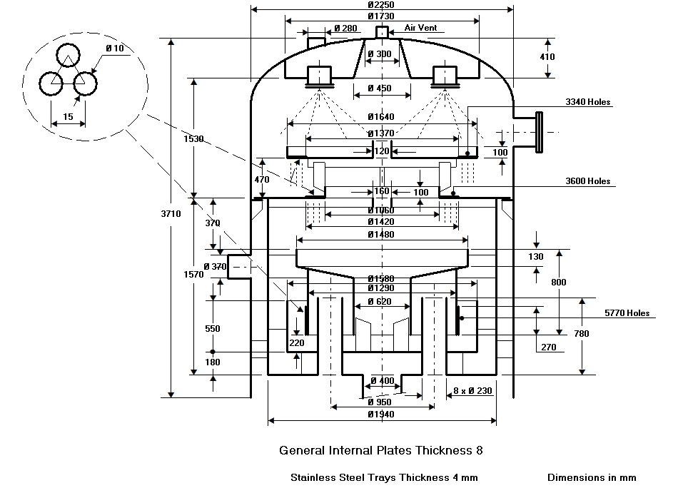 Vertical two trays deaerator sectional drawing with spray nozzles and tray perforations