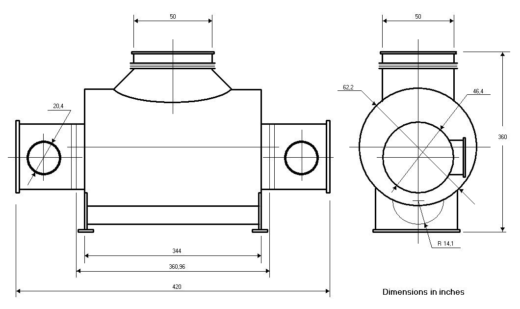 Cylindrical steam condenser drawing with main dimensions