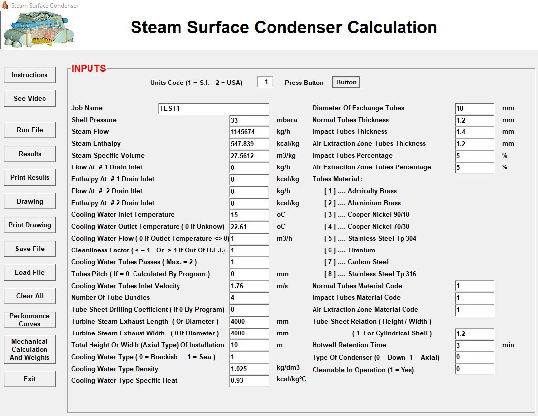 Steam surface condenser design software - data entry window with steam, cooling water and tube inputs