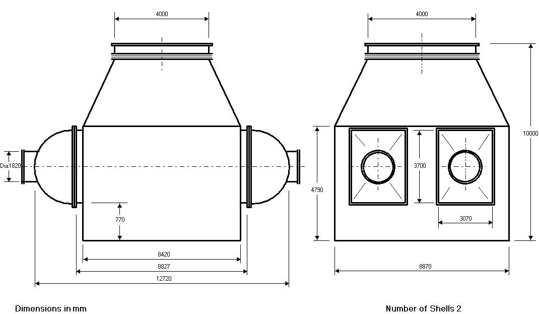 Steam surface condenser dimensional drawing generated by the design program, two shells
