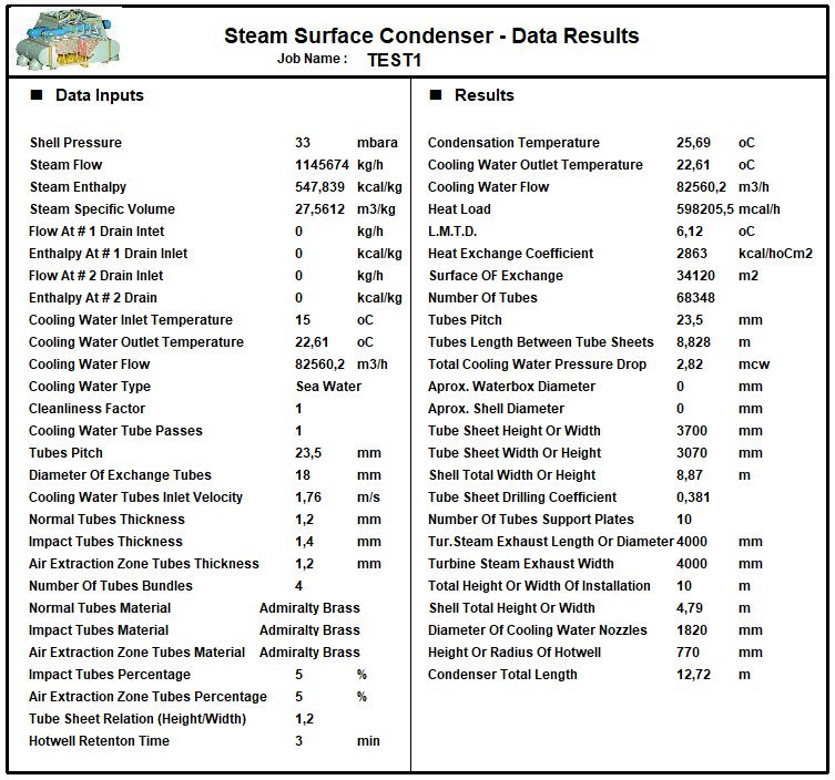 Steam surface condenser data results - heat exchange coefficient, surface, number of tubes and pressure drop